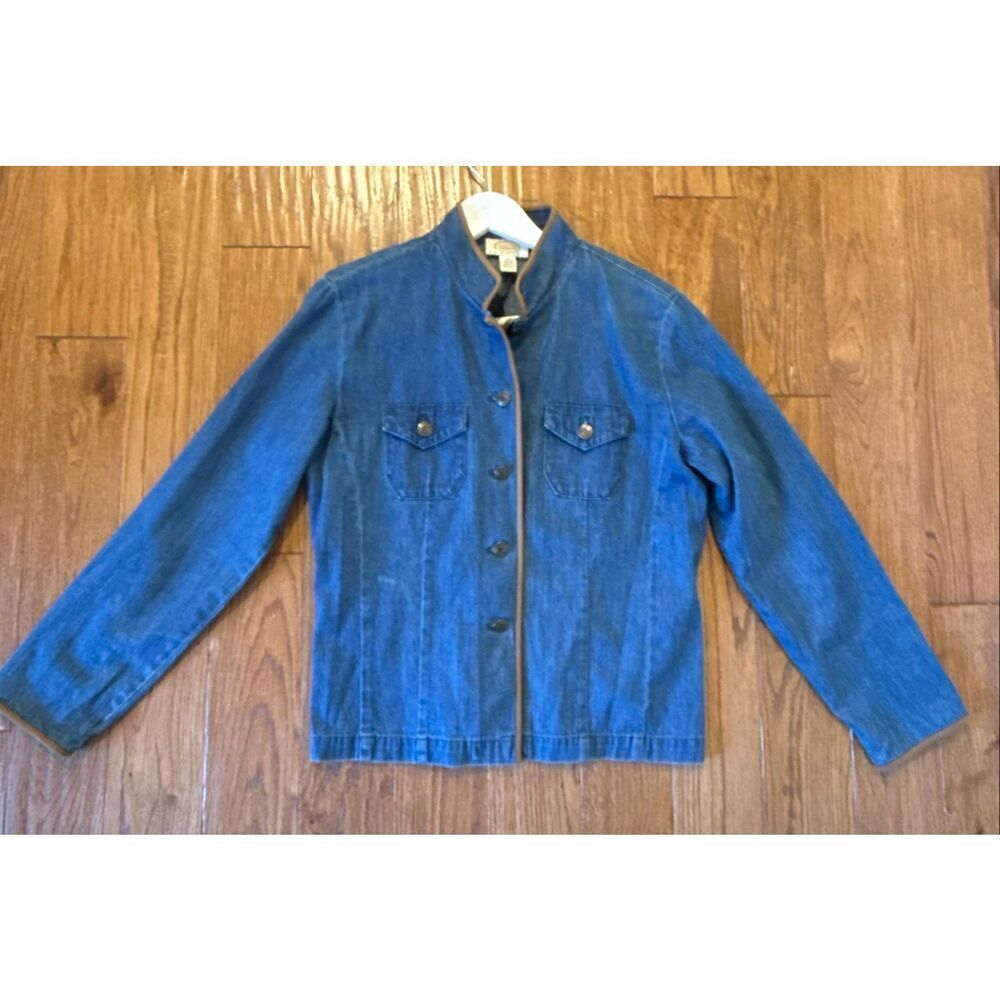Talbots vintage denim faux suede trim Nehru collar shacket size small petite - Picture 11 of 11